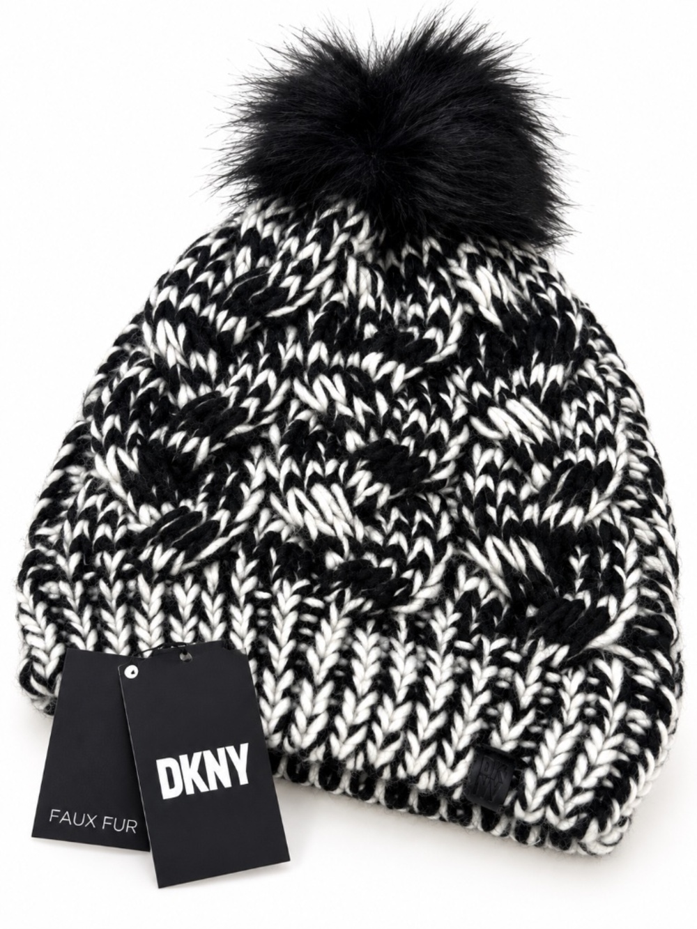 DKNY Cable Knit Beanie Black White Faux Fur Pom Pom Winter Snow Hat Lined NWT